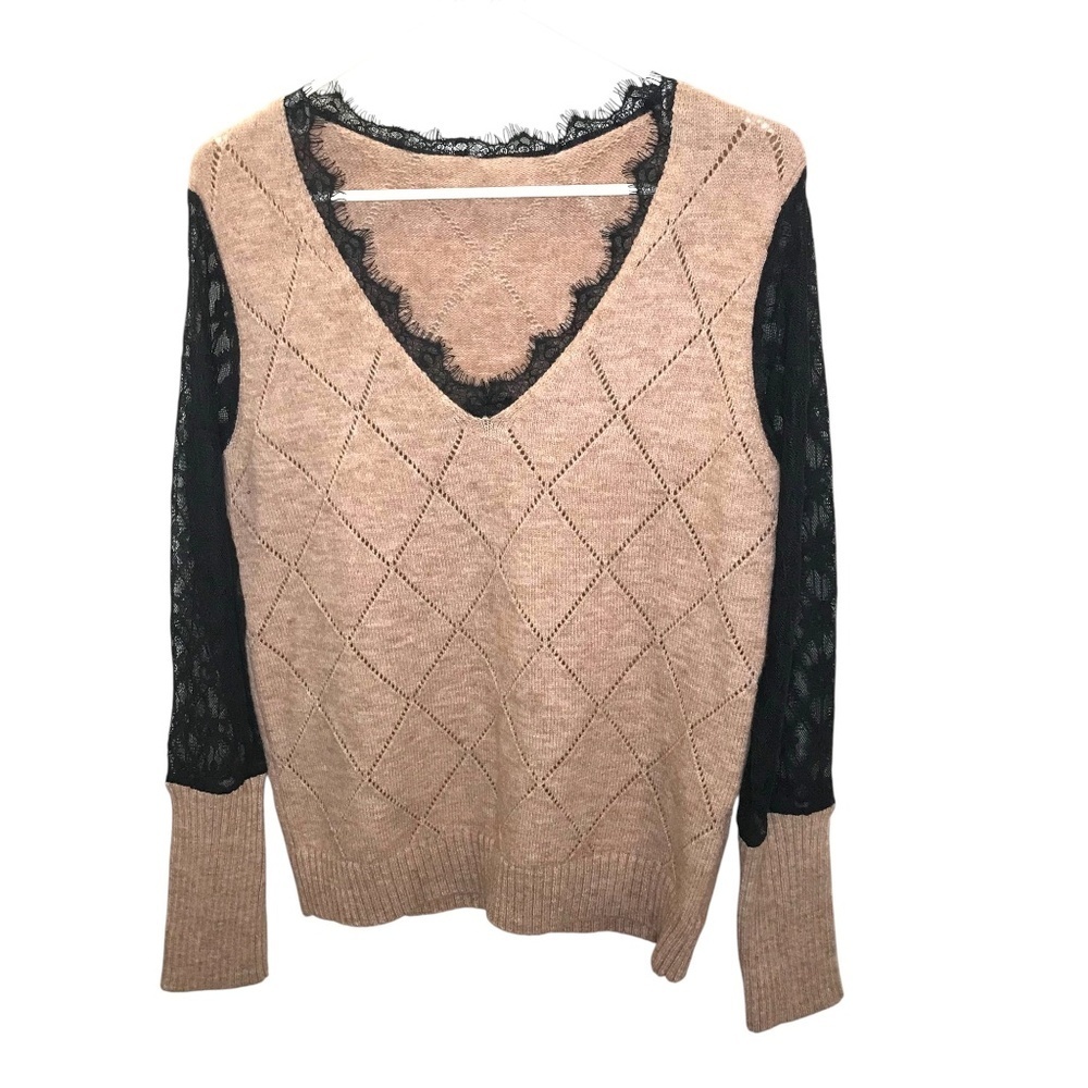 Lace Trim V-Neck Knit Sweater | Neutral Taupe & Black